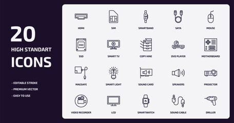 Poster - electrian connections outline icons set. electrian connections thin line icons pack such as hdmi, sata, smart tv, magsafe, lcd, smartwatch, sound cable, driller vector.