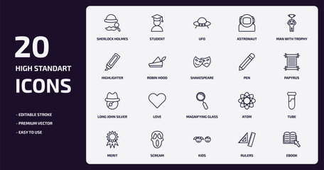 Poster - education outline icons set. education thin line icons pack such as sherlock holmes, astronaut, robin hood, long john silver, scream, kids, rulers, ebook vector.