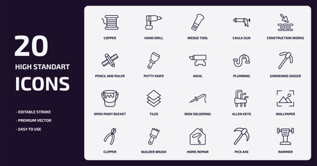 Poster - construction tools outline icons set. construction tools thin line icons pack such as copper, caulk gun, putty knife, open paint bucket, builder brush, home repair, pick axe, rammer vector.