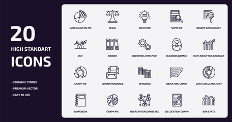 Poster - business and analytics outline icons set. business and analytics thin line icons pack such as data analysis pie chart, supplies, binder, graph pie, graph pie, users interconnected, 3d location