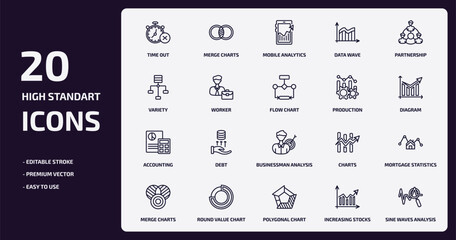Poster - business and analytics outline icons set. business and analytics thin line icons pack such as time out, data wave, worker, accounting, round value chart, polygonal chart, increasing stocks, sine