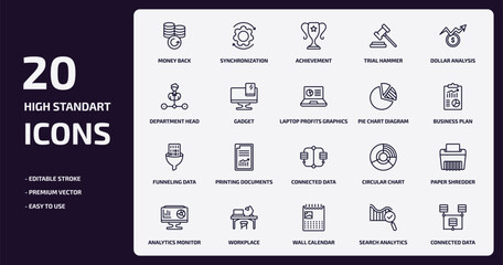 Poster - business and analytics outline icons set. business and analytics thin line icons pack such as money back, trial hammer, gadget, funneling data, workplace, wall calendar, search analytics, connected