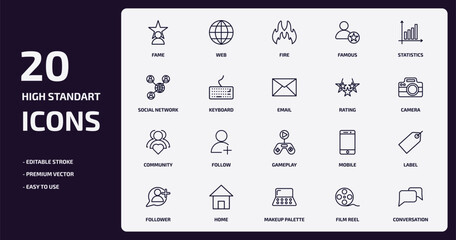 Poster - blogger and influencer outline icons set. blogger and influencer thin line icons pack such as fame, famous, keyboard, community, home, makeup palette, film reel, conversation vector.