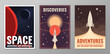 Retro vintage space poster. Illustrations of flying rockets on a dark space background..