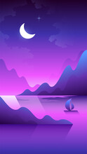 Lonely Sailboat Floats Through The Fjords. Vertical Illustration Of Night Seascape.