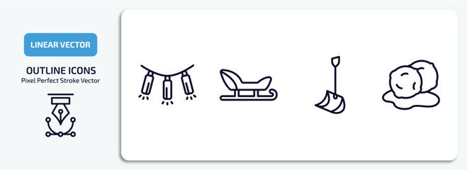 Poster - winter outline icons set. winter thin line icons pack included lights, sledge, winter shovel, snow ball vector.