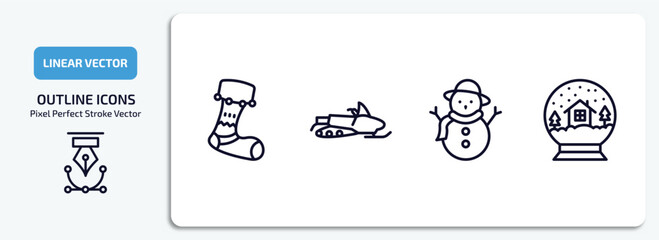 Poster - winter outline icons set. winter thin line icons pack included christmas sock, snowmobile, snowman, snow globe vector.