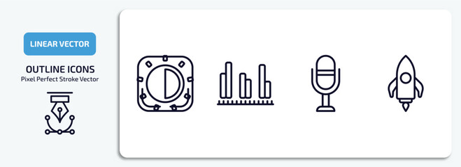 Poster - user interface outline icons set. user interface thin line icons pack included birghtness, data analytics bars, voice recorder, rocket launch vector.