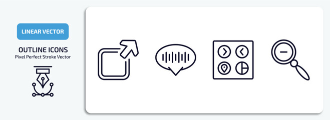 Poster - user interface outline icons set. user interface thin line icons pack included export, voice message, user ting interface, zoom out vector.