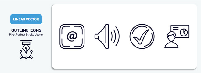 Poster - user interface outline icons set. user interface thin line icons pack included at, volume, checked, person explaining data vector.