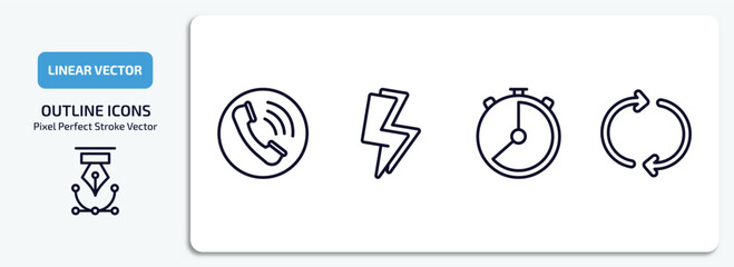 Poster - user interface outline icons set. user interface thin line icons pack included telephone call, lightining, hour, reload vector.