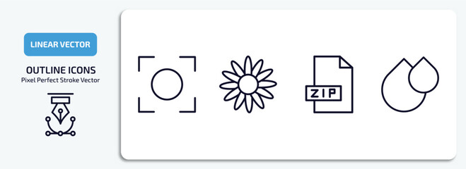 Poster - user interface outline icons set. user interface thin line icons pack included auto focus, image of a flower, zip file, big and small drops vector.