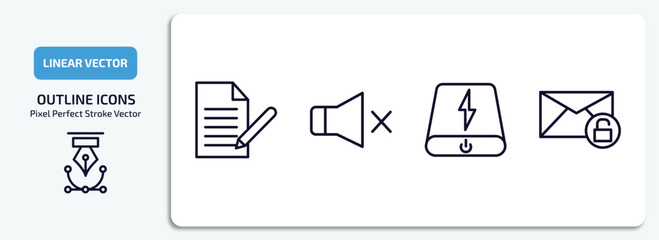 Poster - user interface outline icons set. user interface thin line icons pack included written paper, sound off, power bank, unlock envelope vector.