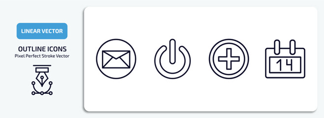Poster - user interface outline icons set. user interface thin line icons pack included email envelope button, tiny power, round add button, daily calendar day 14 vector.