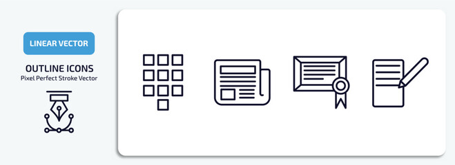 Poster - user interface outline icons set. user interface thin line icons pack included telephone keypad, folded newspaper, digital certificate, form vector.