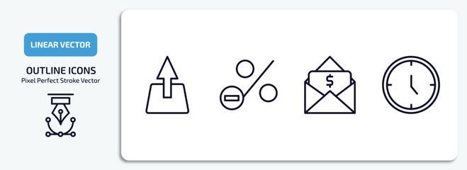 Poster - user interface outline icons set. user interface thin line icons pack included uploading from drive, less percentage, dollars in a mail, hours vector.