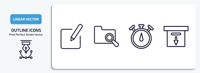 Poster - user interface outline icons set. user interface thin line icons pack included edit button, search in folder, stopwatches, download archive vector.