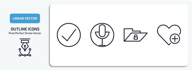 user interface outline icons set. user interface thin line icons pack included check box, record voice button, unlock folder, add a like vector.