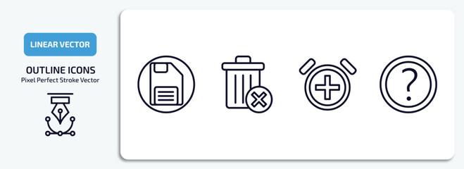 Poster - user interface outline icons set. user interface thin line icons pack included floppy disk save button, delete round button, alarm button, round help vector.