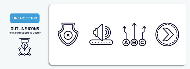 Poster - user interface outline icons set. user interface thin line icons pack included no protection, amplified speaker, abc item chart, right button vector.