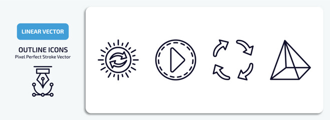 Poster - user interface outline icons set. user interface thin line icons pack included solar recycle, movie play button, rotating arrows, triangular pyramid vector.