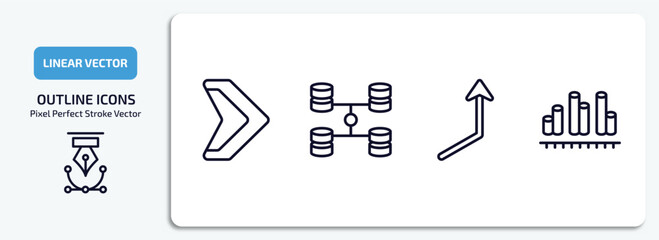 Poster - user interface outline icons set. user interface thin line icons pack included arrowheads, data interconnected, right up arrow, dual bars interface vector.