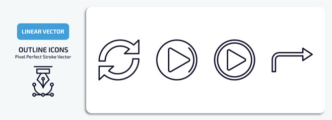 Poster - user interface outline icons set. user interface thin line icons pack included reload webpage, right arrow play button, play video button, turn right arrow vector.