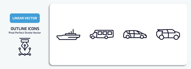 Poster - transportation outline icons set. transportation thin line icons pack included icebreaker ship, airport shuttle, people carrier, eco-friendly transport vector.