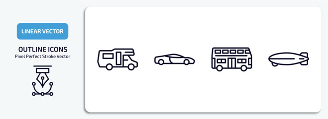 Poster - transportation outline icons set. transportation thin line icons pack included camper car, sport car, double decker bus, dirigible vector.