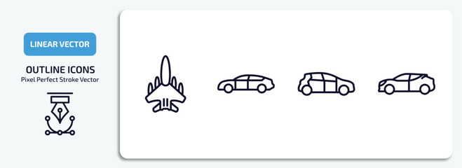 Poster - transportation outline icons set. transportation thin line icons pack included military airplane, automobile, compact car, hybrid car vector.