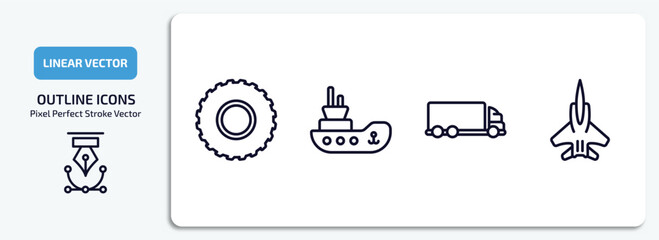 Poster - transportation outline icons set. transportation thin line icons pack included all terrain, tugboat, lorry, army airplane vector.