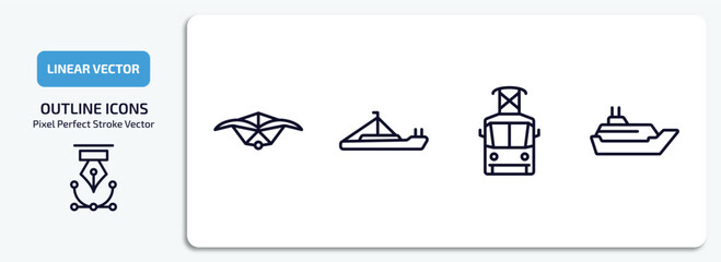 Poster - transportation outline icons set. transportation thin line icons pack included hang glider, pt boat, tram front view, cruiser vector.