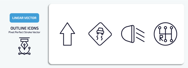 Poster - transport outline icons set. transport thin line icons pack included shift, slippy road, car lights, gearshift vector.