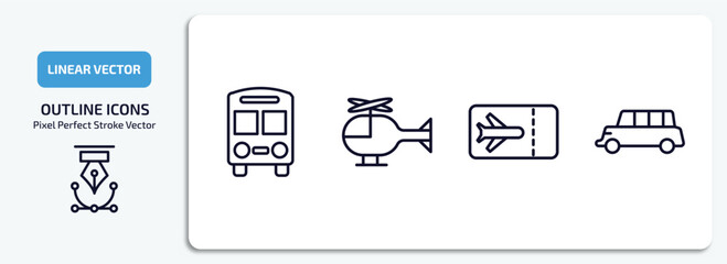 Poster - transport outline icons set. transport thin line icons pack included bus front with driver, small helicopter, plane tickets, long car vector.