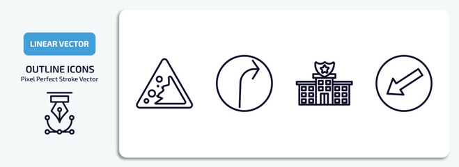 Poster - traffic signs outline icons set. traffic signs thin line icons pack included falling rocks, right bend, police station, keep left vector.