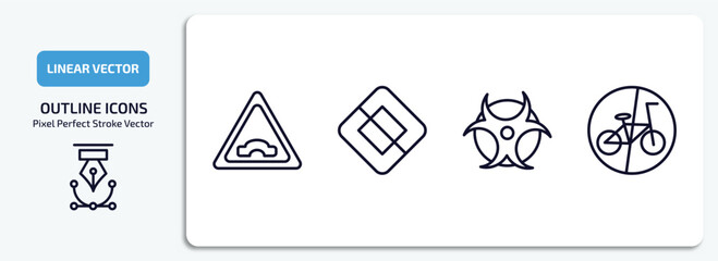 Poster - traffic signs outline icons set. traffic signs thin line icons pack included bridge road, end of way, biological hazard, no bicycle vector.