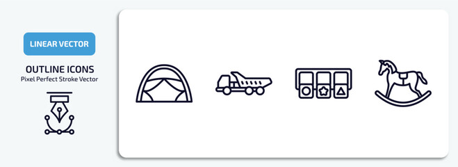 Poster - toys outline icons set. toys thin line icons pack included tent toy, truck toy, shapes toy, rocking horse vector.