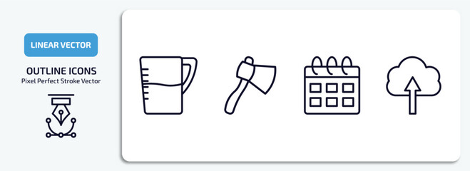 Poster - tools and utensils outline icons set. tools and utensils thin line icons pack included pitcher with levels, hand axe, calendar with six days, up arrow and cloud vector.