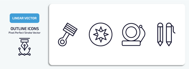 Poster - tools and utensils outline icons set. tools and utensils thin line icons pack included piston on, cardinal points, electric bell, writing tool vector.