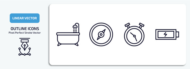 Poster - tools and utensils outline icons set. tools and utensils thin line icons pack included bath tub, cardinal, timer round clock, charged battery vector.