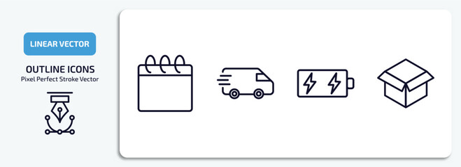 Poster - tools and utensils outline icons set. tools and utensils thin line icons pack included calendar page, postage, battery charging, open black box vector.