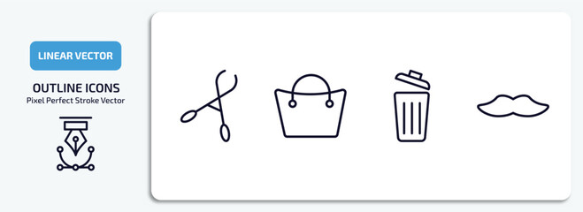 Poster - tools and utensils outline icons set. tools and utensils thin line icons pack included forceps, bag with big handle, trash can open, moustaches vector.