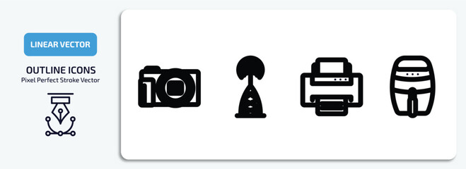 Poster - technology outline icons set. technology thin line icons pack included digital photo camera, frequency antenna, printing, fryer vector.