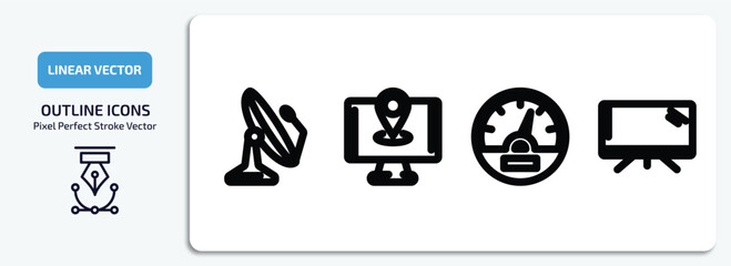Poster - technology outline icons set. technology thin line icons pack included dish, holiday, vehicle speedometer, screen blank vector.