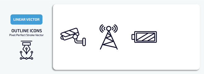 Poster - technology outline icons set. technology thin line icons pack included security cam, basic microphone, cell tower, battery with two bars vector.