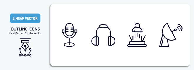 Poster - technology outline icons set. technology thin line icons pack included old mic, big headphones, tele