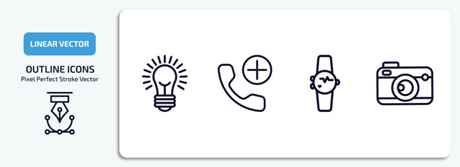 Poster - technology outline icons set. technology thin line icons pack included light on, add call, smart watch, vintage digital camera vector.