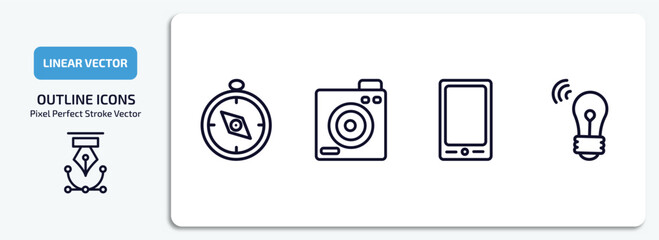 Poster - technology outline icons set. technology thin line icons pack included basic compass, retro squared camera, tablet with picture, wireless lighting vector.