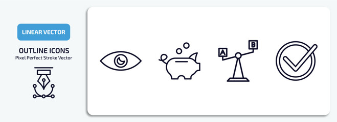 Poster - startup stategy and outline icons set. startup stategy and thin line icons pack included vision, piggybank, comparison, accept vector.