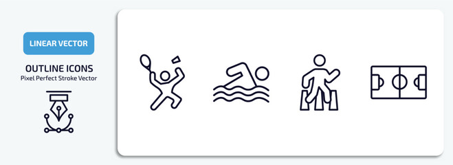 Poster - sport outline icons set. sport thin line icons pack included man playing badminton, swimming, pedestrian walking, soccer field vector.